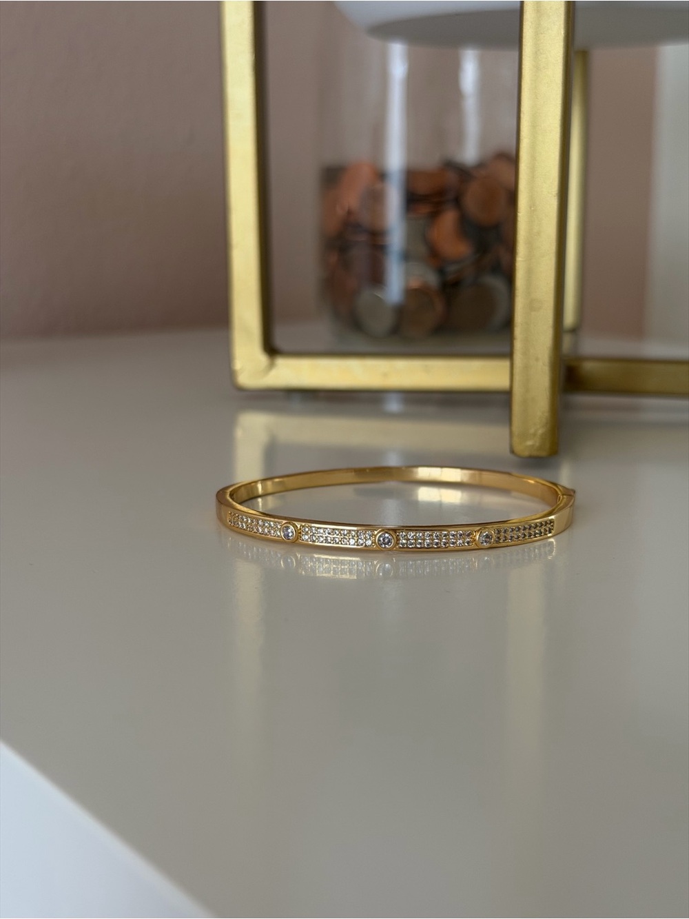 Gold Tone Thin Pave Bangle – Bezel Set Round Crystal Hinged Cuff Bracelet
